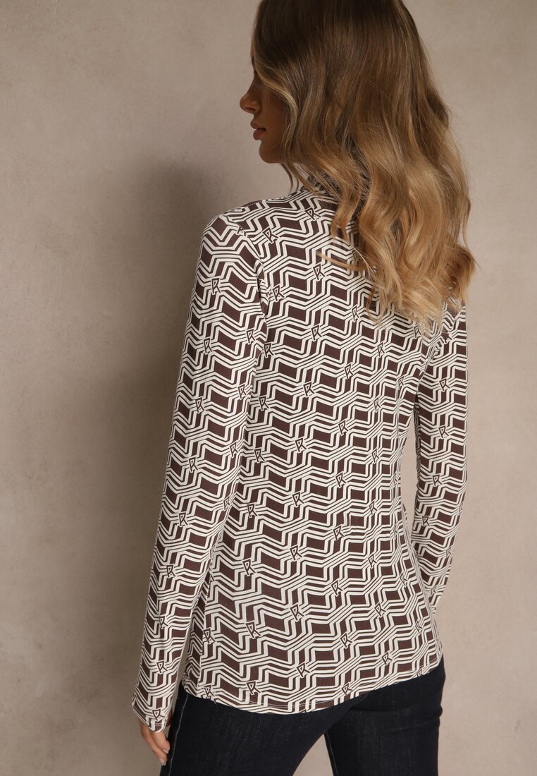Biało-Brązowa Bluzka Longsleeve z Golfem z Bawełny w Geometryczny Print Zadanevia
