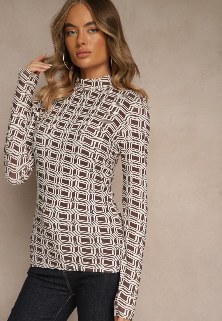 Biało-Brązowa Bluzka Longsleeve z Golfem z Bawełny w Geometryczny Print Zadanevia