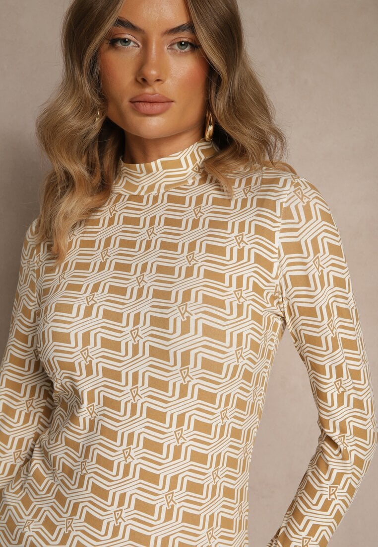 Biało-Beżowa Bluzka Longsleeve z Golfem z Bawełny w Geometryczny Print Zadanevia