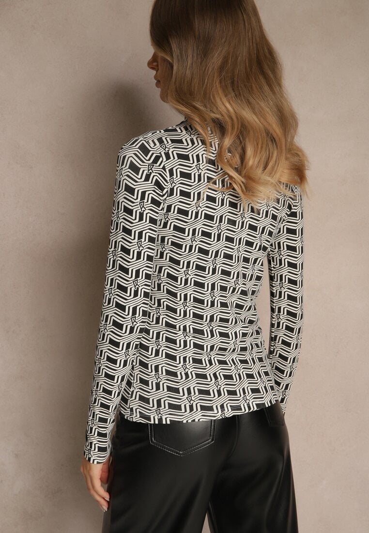Biało-Czarna Bluzka Longsleeve z Golfem z Bawełny w Geometryczny Print Zadanevia