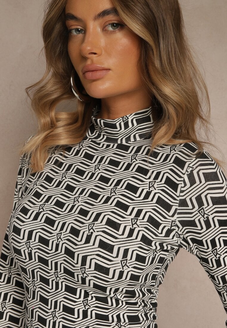 Biało-Czarna Bluzka Longsleeve z Golfem z Bawełny w Geometryczny Print Zadanevia