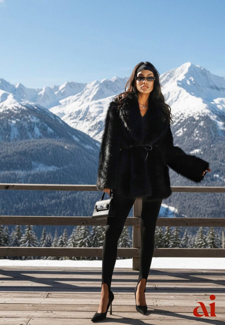 Czarna Klasyczna Kurtka Futerko z Wąskim Wiązanym Paskiem w Talii Casfitta