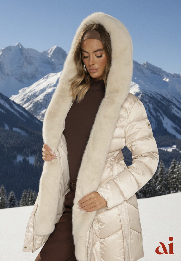 Beżowa Kurtka z Pikowanym Przeszyciami Wiązanym Paskiem i Kapturem z Futrem Fenida