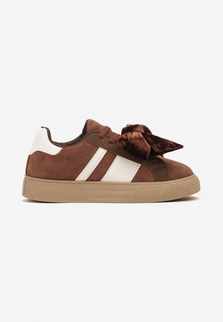 Brązowe Sneakersy w Stylu Tenisówek Ozdobione Kokardą z Weluru Lerrive