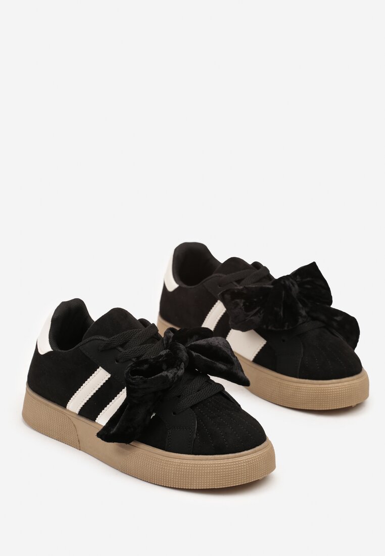 Czarne Sneakersy w Stylu Tenisówek Ozdobione Kokardą z Weluru Lerrive