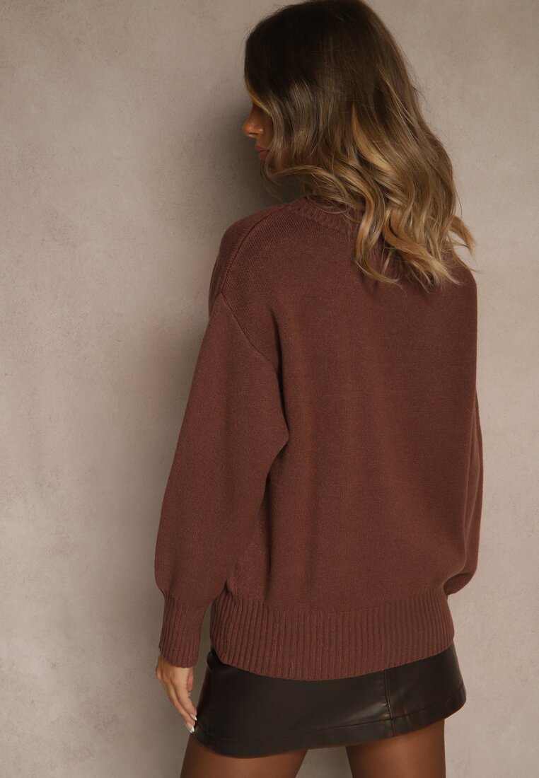 Brązowy Sweter z Kaszmirem i Trójkątnym Dekoltem Plenne
