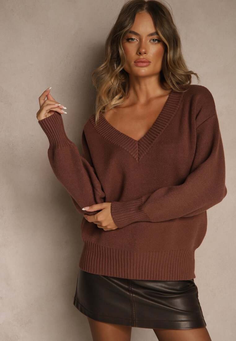 Brązowy Sweter z Kaszmirem i Trójkątnym Dekoltem Plenne