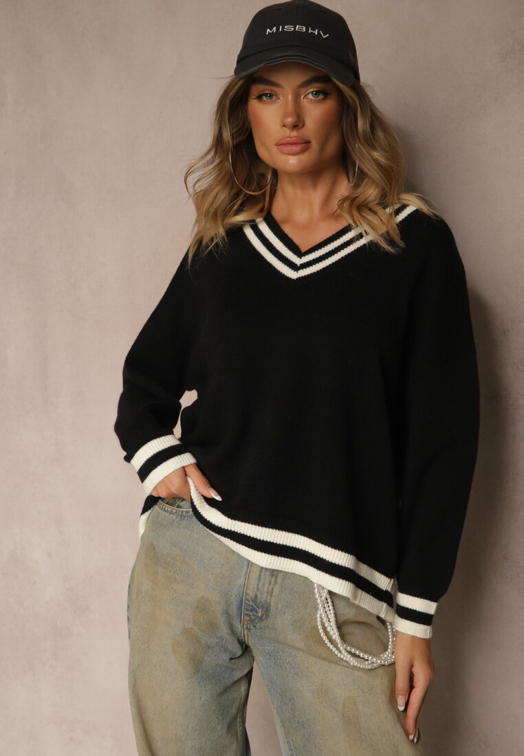 Czarny Sweter Preppy z Dodatkiem Kaszmiru Lincire