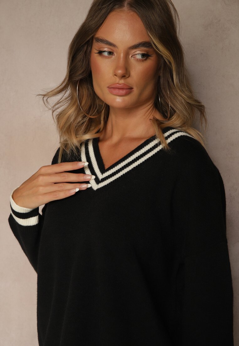 Czarny Sweter Preppy z Dodatkiem Kaszmiru Lincire