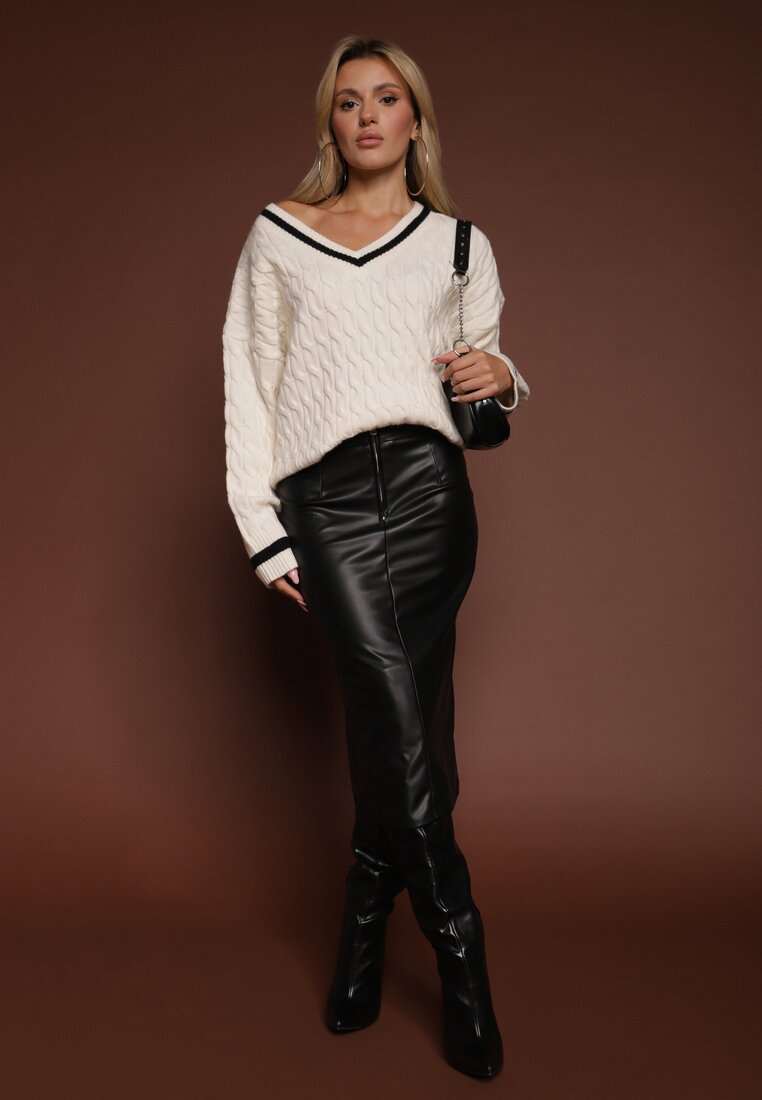 Jasnobeżowy Sweter w Stylu Preppy z Warkoczowym Splotem Belmire