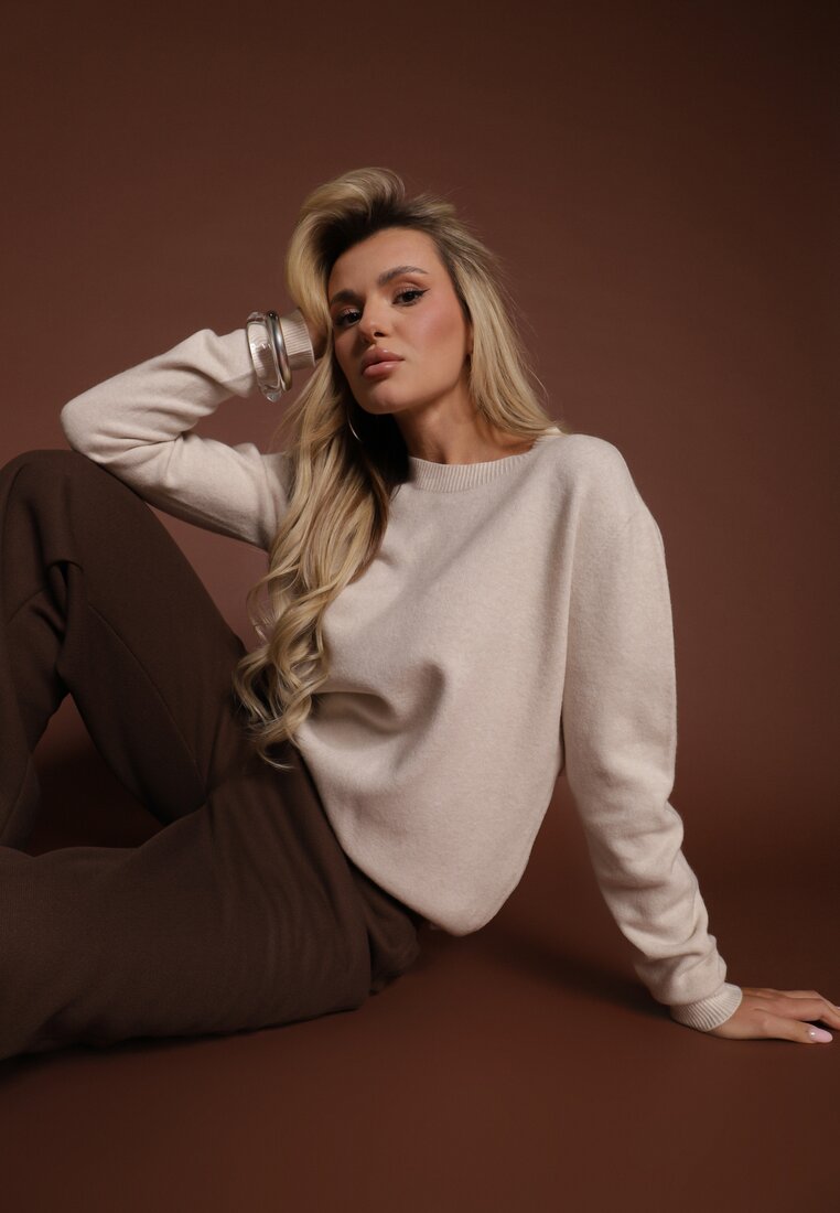 Beżowy Casualowy Sweter z Wełną i Wiskozą Lussare