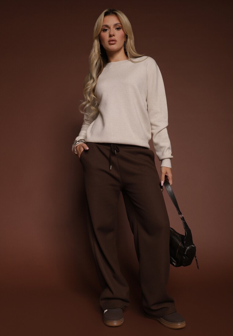 Beżowy Casualowy Sweter z Wełną i Wiskozą Lussare