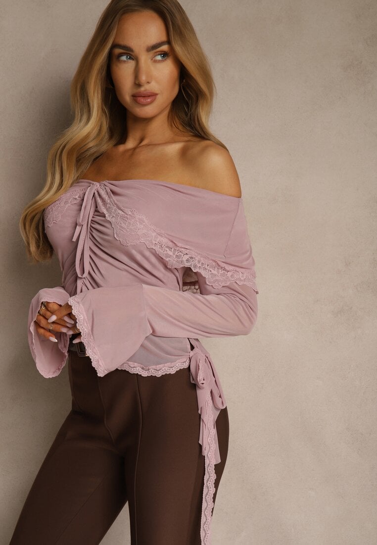 Różowa Bluzka Off Shoulder z Falbankami z Siateczki z Bawełny i Wiskozy Fenisella