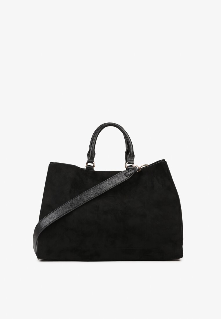 Czarna Torebka Typu Shopper z Imitacji Zamszu z Rączkami i Paskiem Crossbody Temige