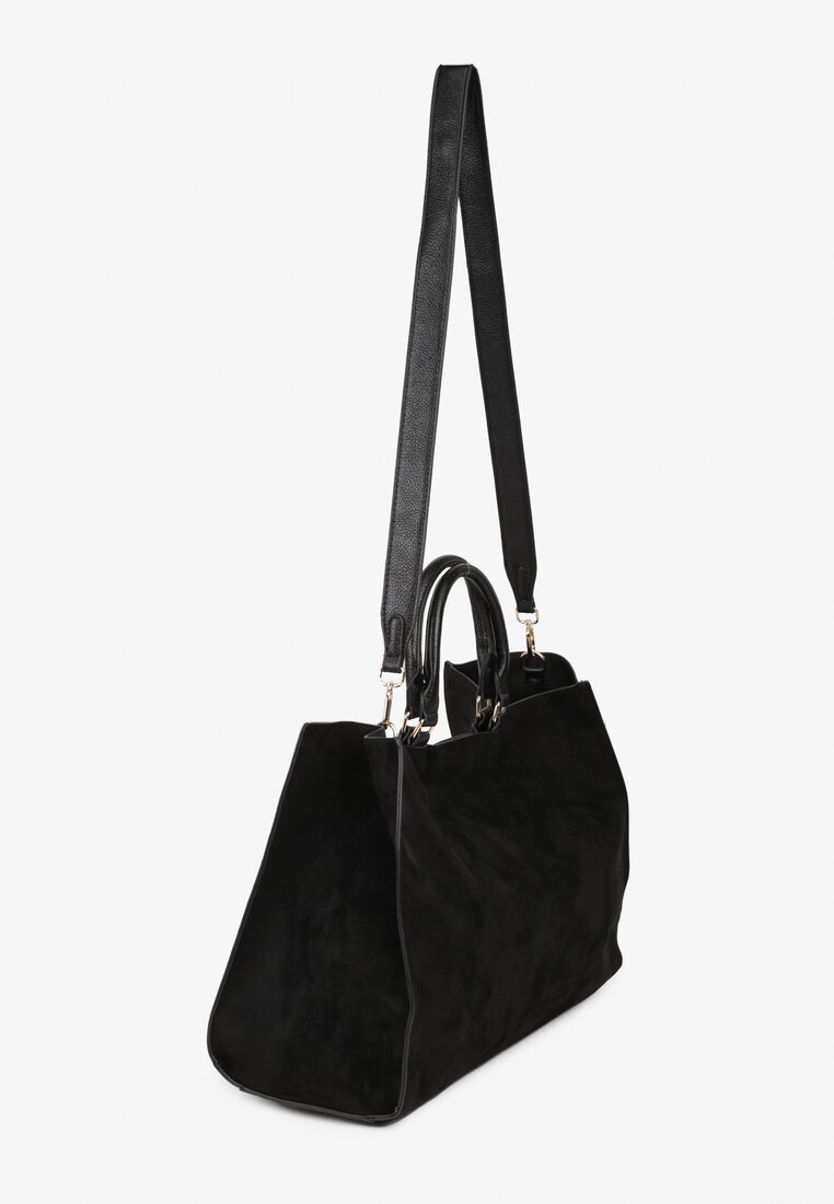 Czarna Torebka Typu Shopper z Imitacji Zamszu z Rączkami i Paskiem Crossbody Temige