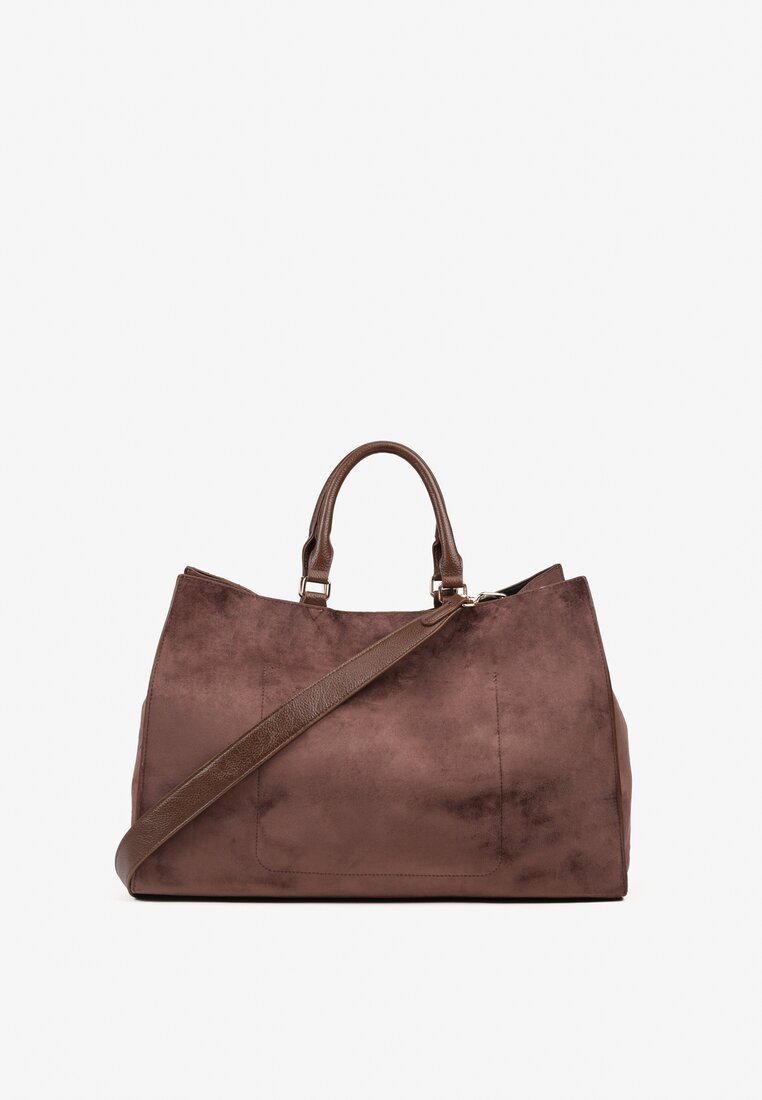 Brązowa Torebka Typu Shopper z Imitacji Zamszu z Rączkami i Paskiem Crossbody Temige