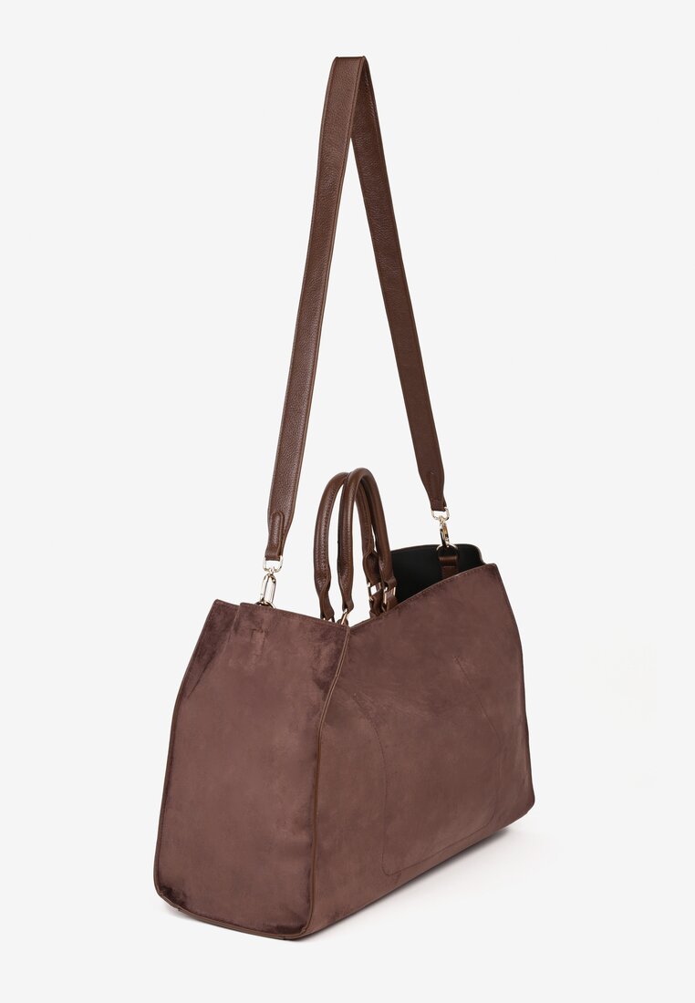 Brązowa Torebka Typu Shopper z Imitacji Zamszu z Rączkami i Paskiem Crossbody Temige