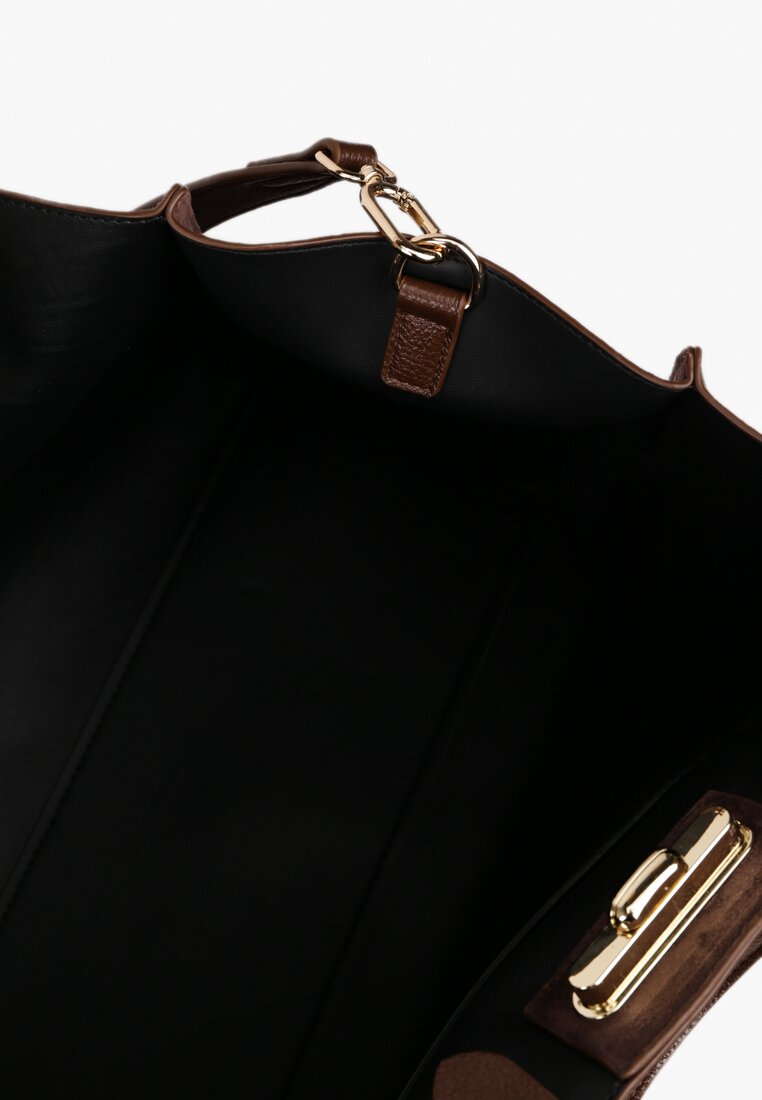 Brązowa Torebka Typu Shopper z Imitacji Zamszu z Rączkami i Paskiem Crossbody Temige
