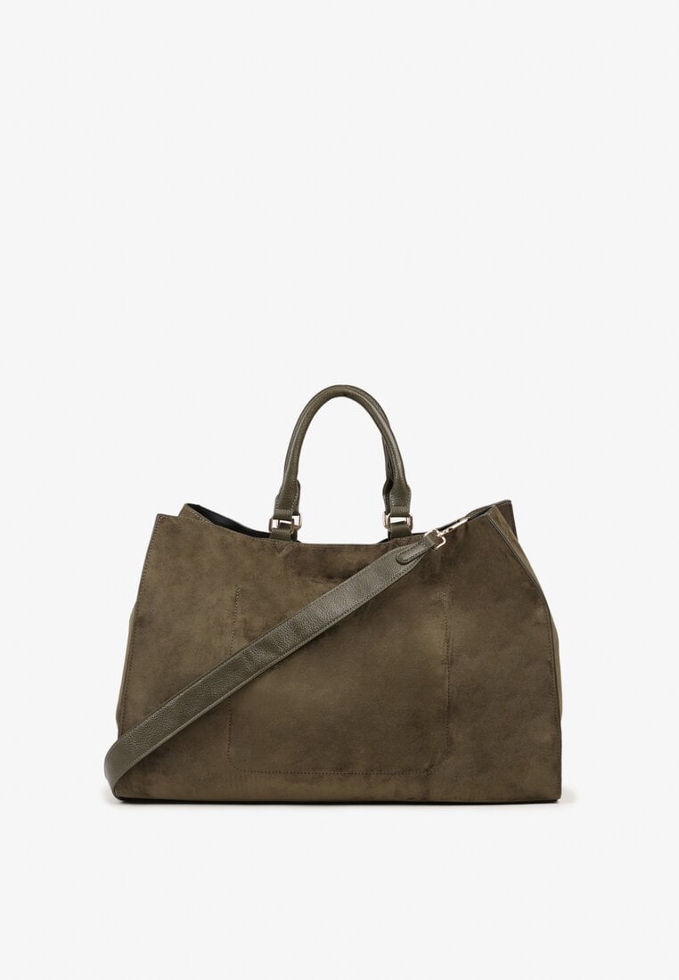 Zielona Torebka Typu Shopper z Imitacji Zamszu z Rączkami i Paskiem Crossbody Temige