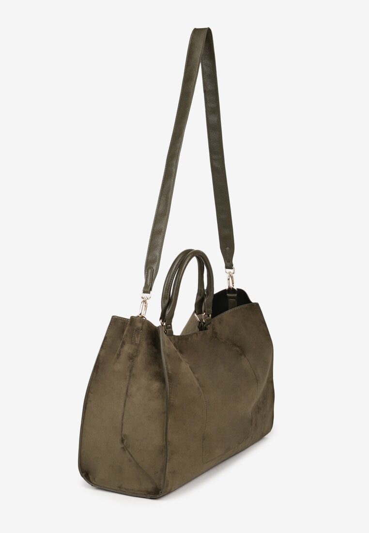 Zielona Torebka Typu Shopper z Imitacji Zamszu z Rączkami i Paskiem Crossbody Temige