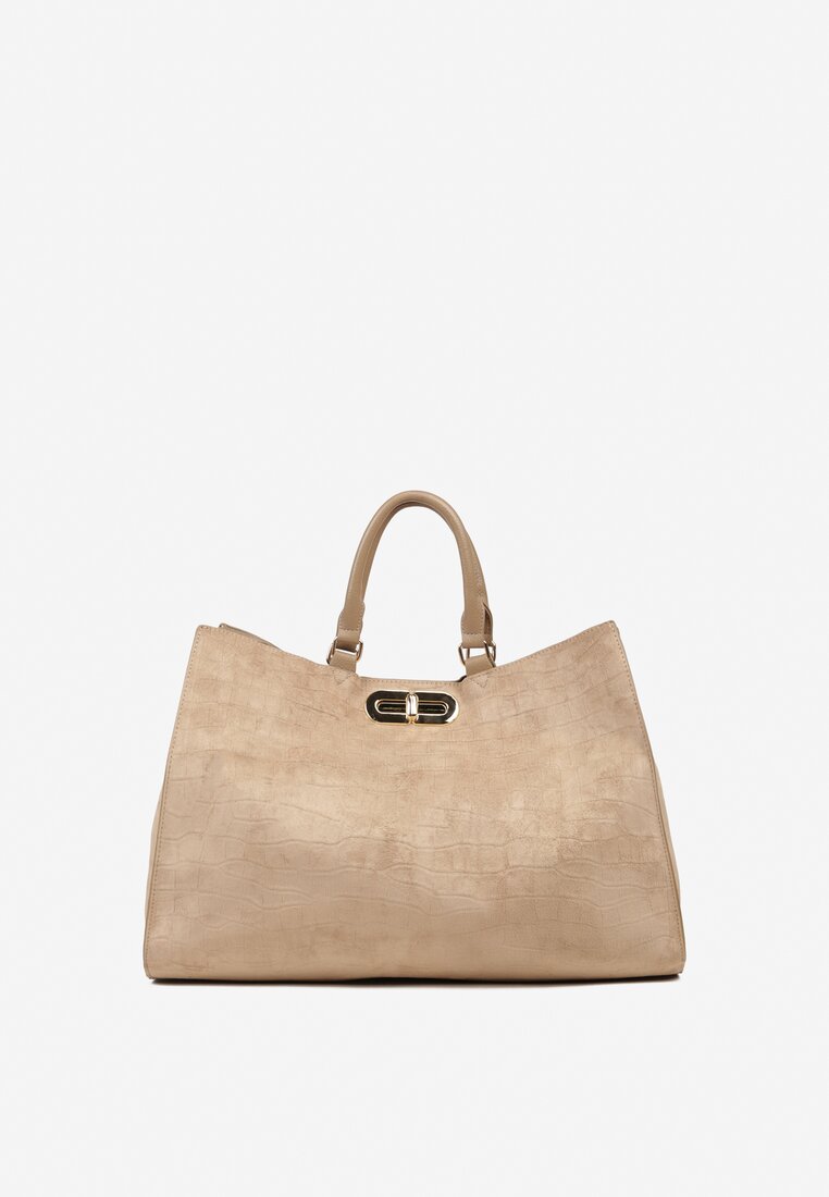 Beżowa Torebka Typu Shopper z Imitacji Zamszu z Rączkami i Paskiem Crossbody Temige