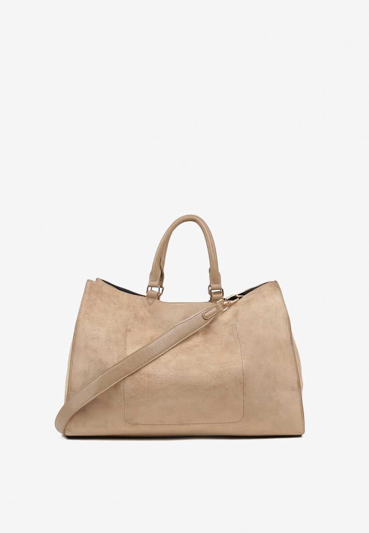 Beżowa Torebka Typu Shopper z Imitacji Zamszu z Rączkami i Paskiem Crossbody Temige