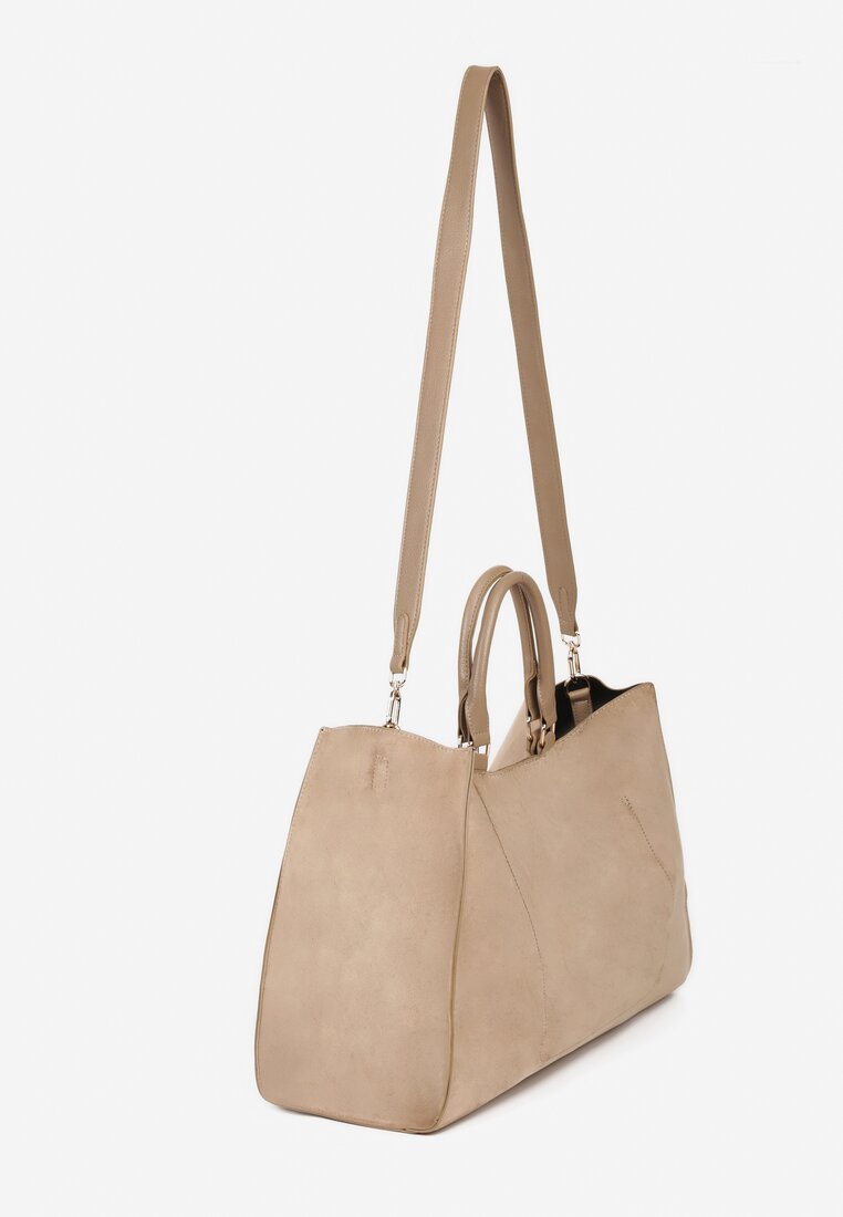 Beżowa Torebka Typu Shopper z Imitacji Zamszu z Rączkami i Paskiem Crossbody Temige