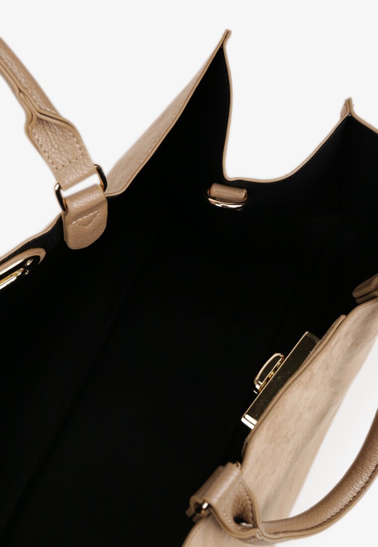 Beżowa Torebka Typu Shopper z Imitacji Zamszu z Rączkami i Paskiem Crossbody Temige