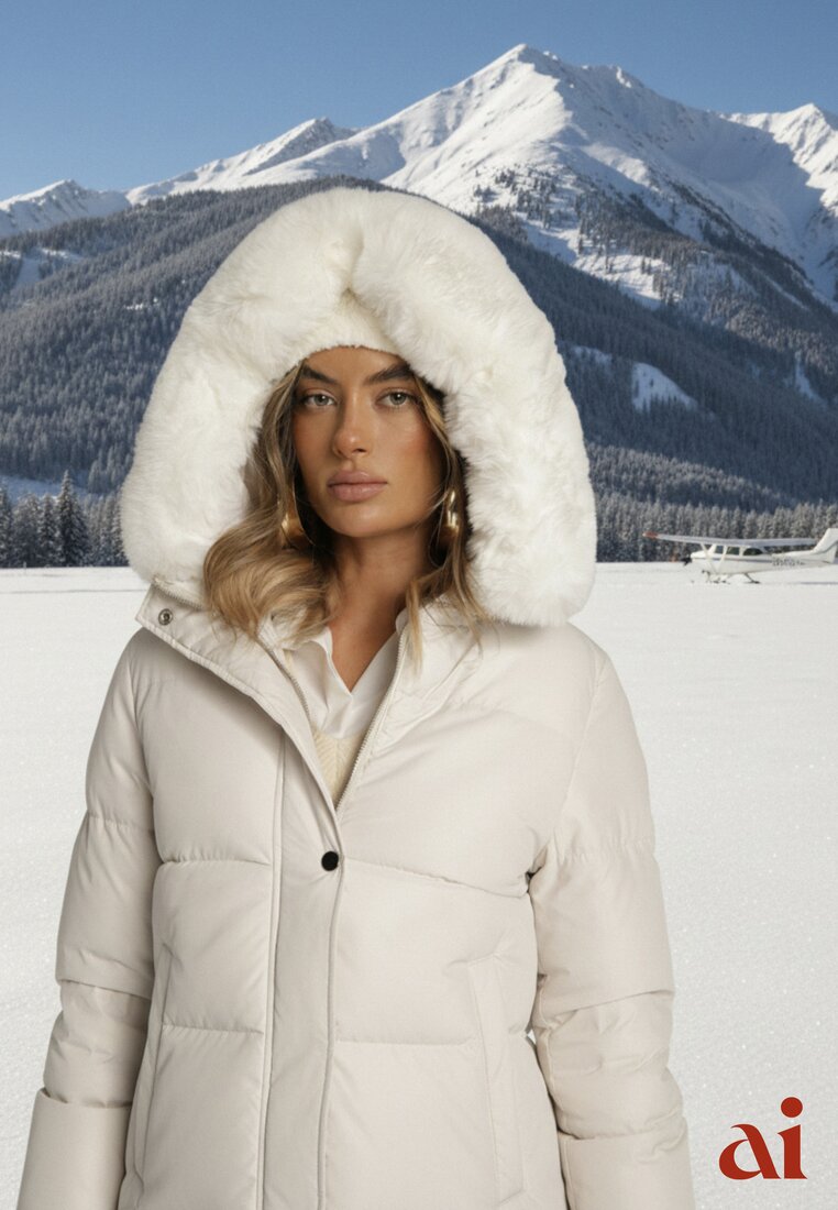 Biała Kurtka z Pikowanymi Przeszyciami i Futerkowymi Zdobieniami Olindea