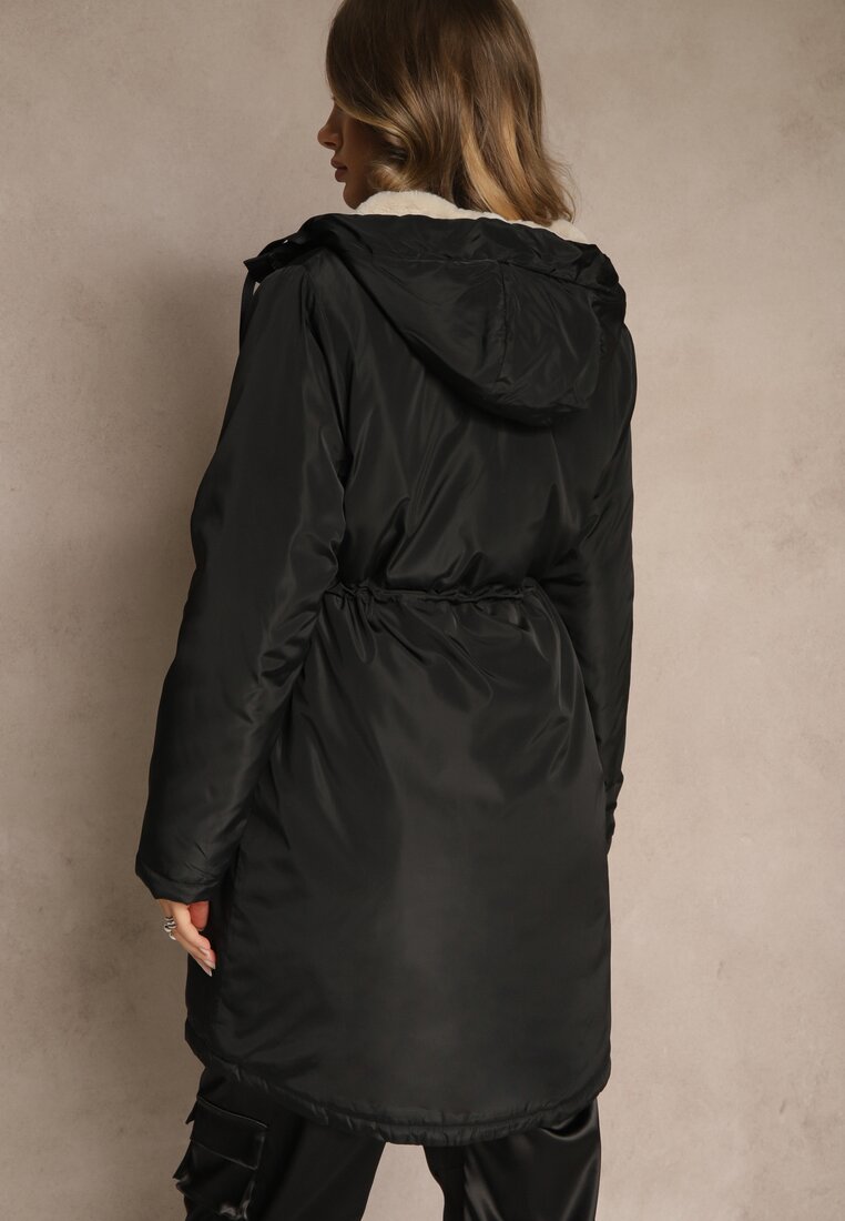 Czarna Kurtka Parka w Stylu Casual Ocieplana Futerkiem Olleania