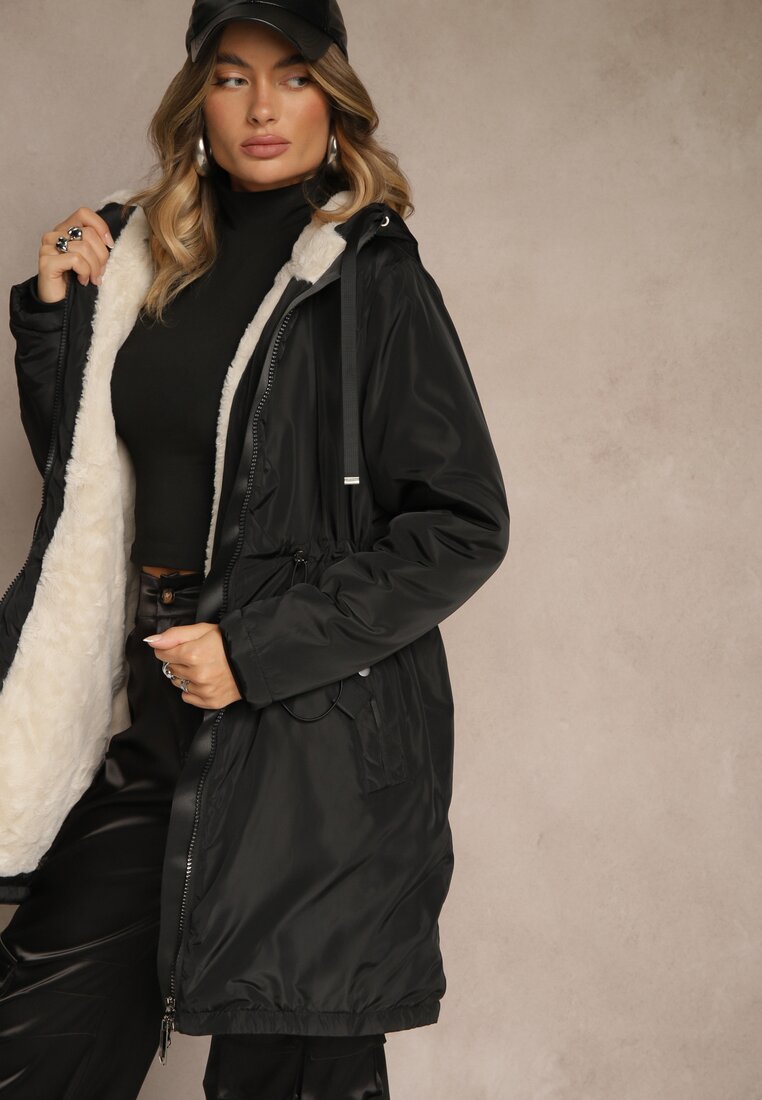 Czarna Kurtka Parka w Stylu Casual Ocieplana Futerkiem Olleania