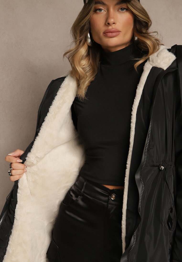 Czarna Kurtka Parka w Stylu Casual Ocieplana Futerkiem Olleania