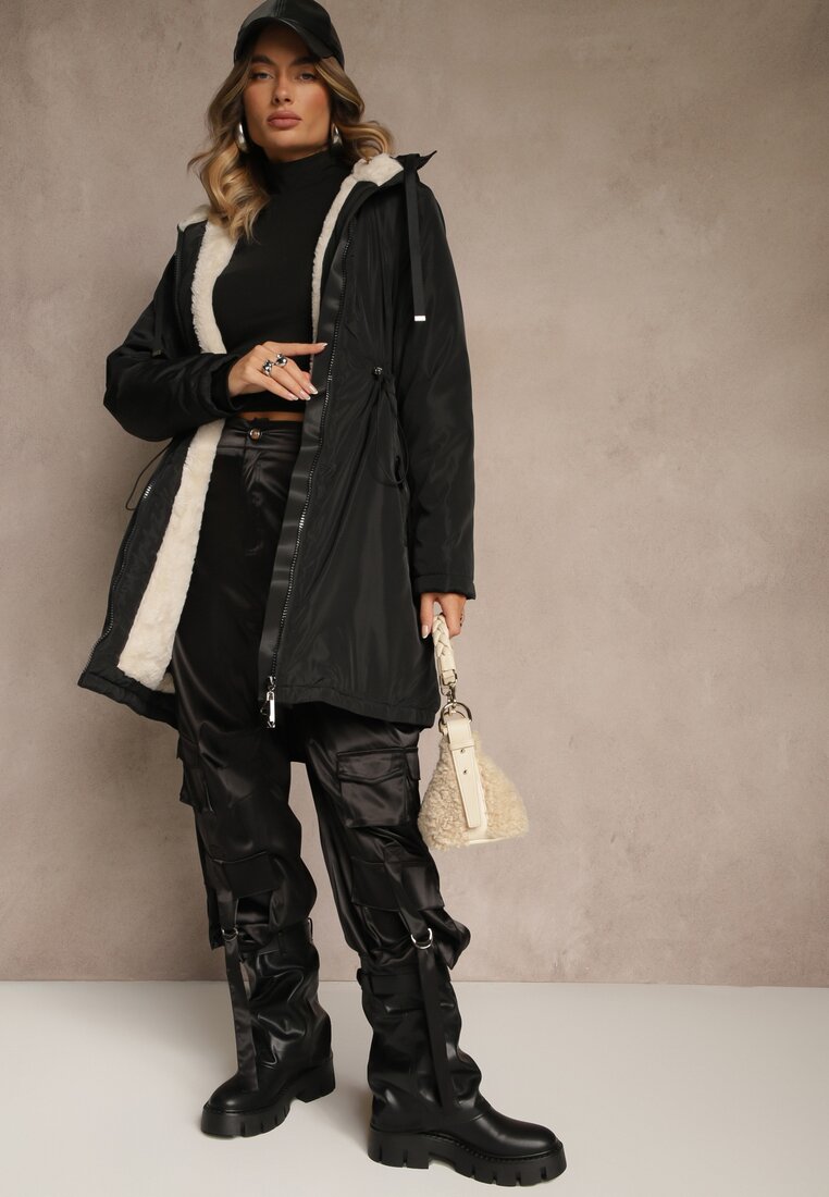 Czarna Kurtka Parka w Stylu Casual Ocieplana Futerkiem Olleania