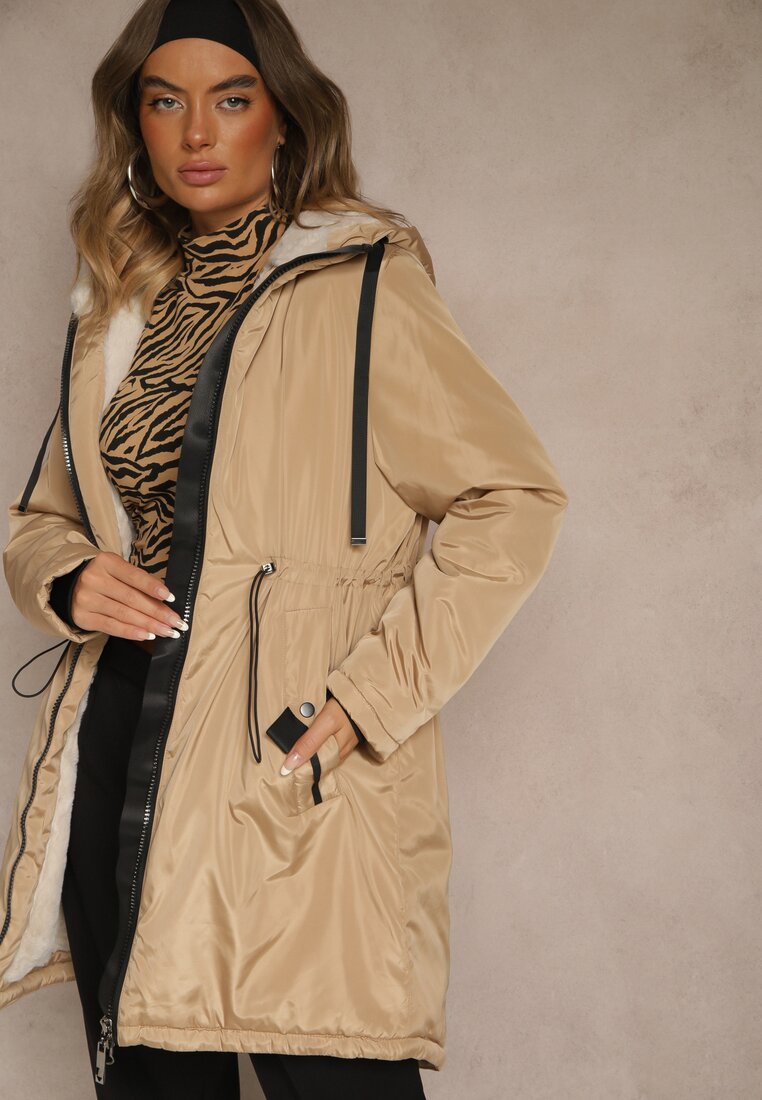 Ciemnobeżowa Kurtka Parka w Stylu Casual Ocieplana Futerkiem Olleania