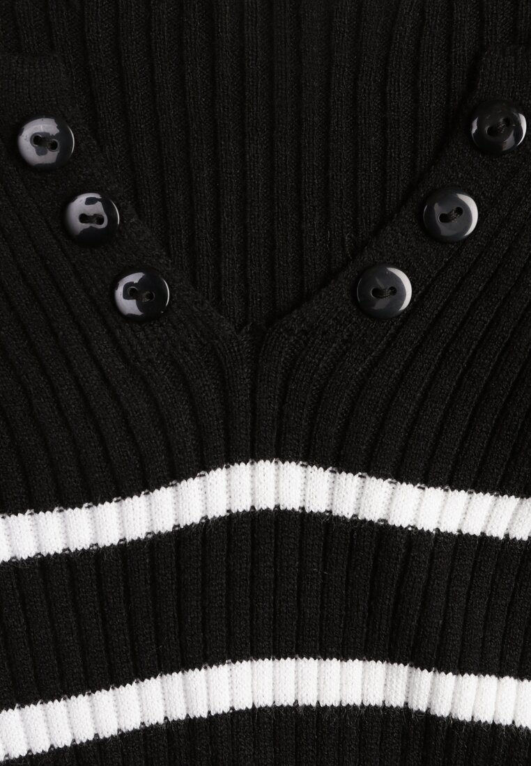 Czarna Bluzka z Bawełną z Motywem Pasków i Guzikami Serisse