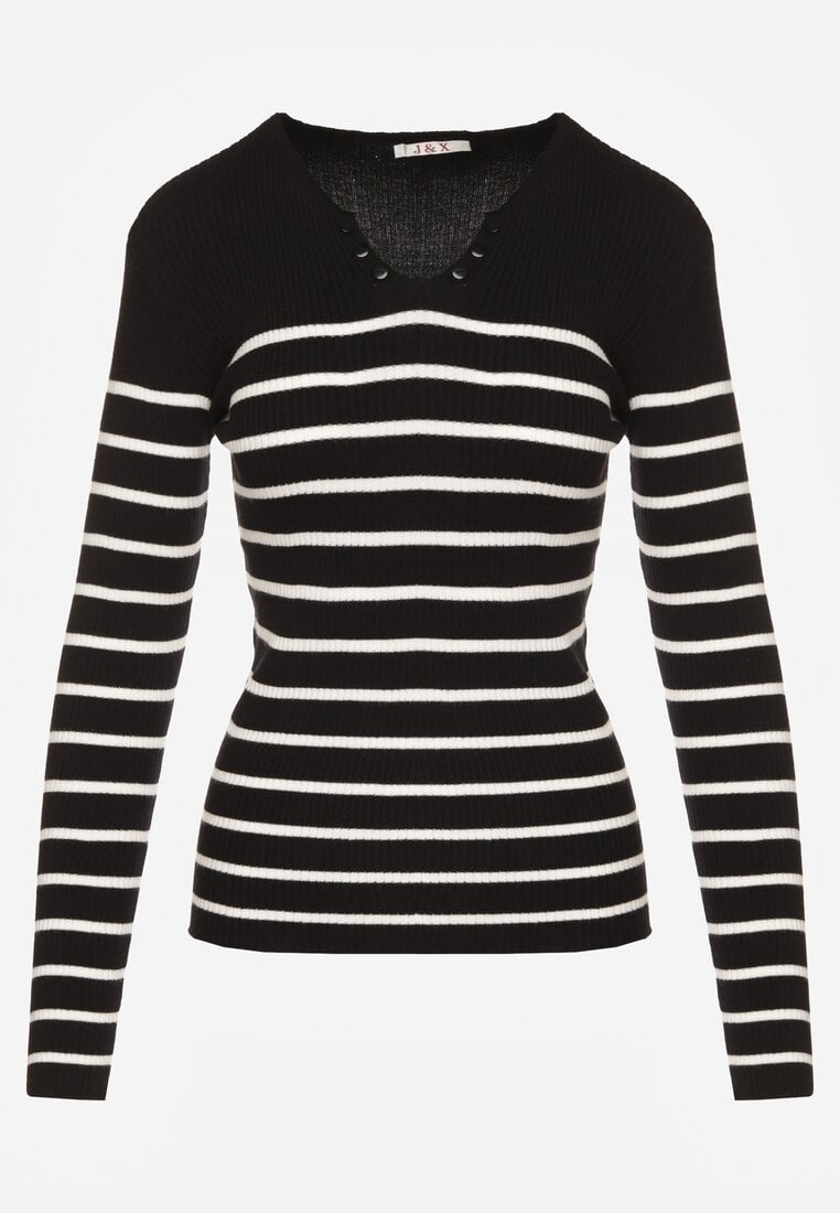 Czarna Bluzka z Bawełną z Motywem Pasków i Guzikami Serisse