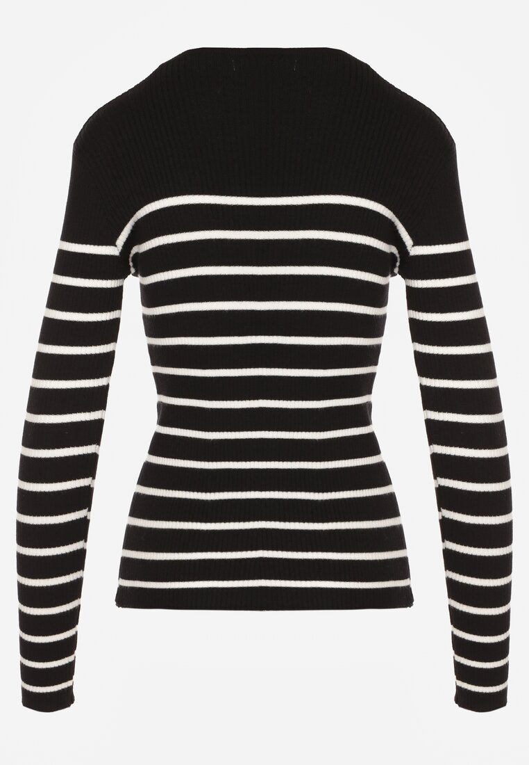 Czarna Bluzka z Bawełną z Motywem Pasków i Guzikami Serisse