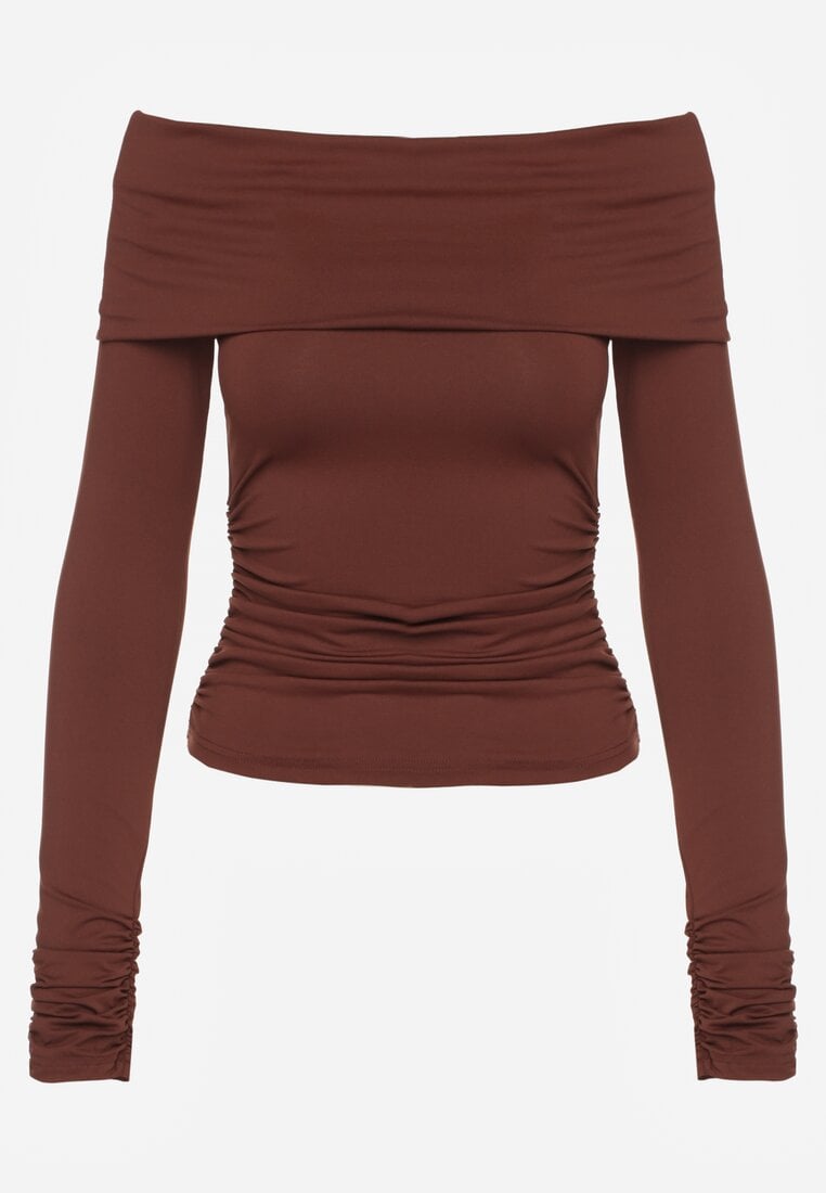 Brązowa Marszczona Bluzka Hiszpanka Vices z Wywiniętym Dekoltem Termola