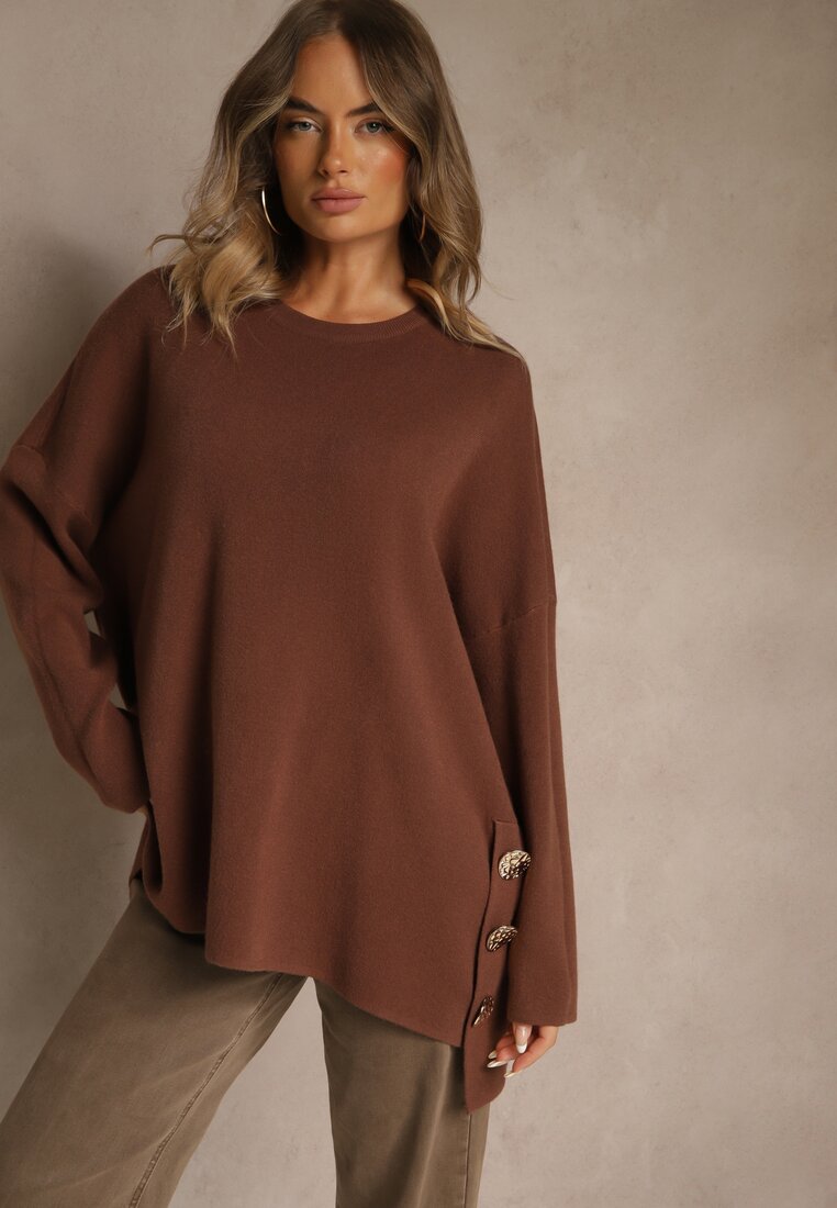 Brązowy Sweter z Wiskozą i Guzikami po Bokach Violsave