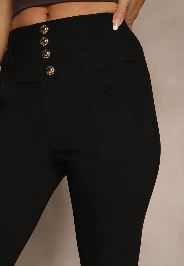 Czarne Spodnie High Waist z Gumką w Talii i Ozdobną Imitacją Guzików Wedevire