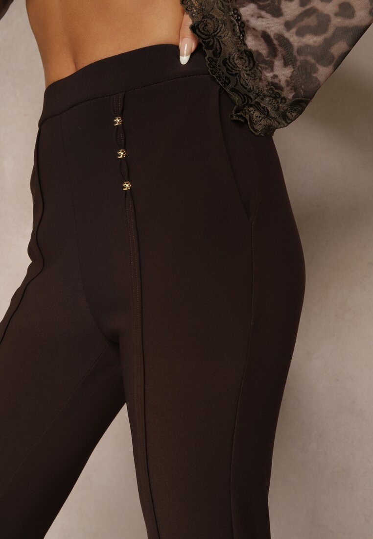 Brązowe Spodnie Dzwony High Waist Ozdobione Metalicznymi Aplikacjami Avonelle
