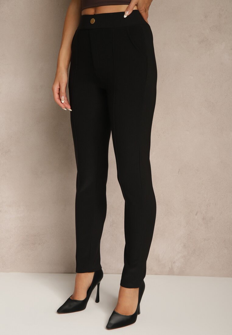 Czarne Dopasowane Spodnie High Waist z Gumką w Pasie Wedvira