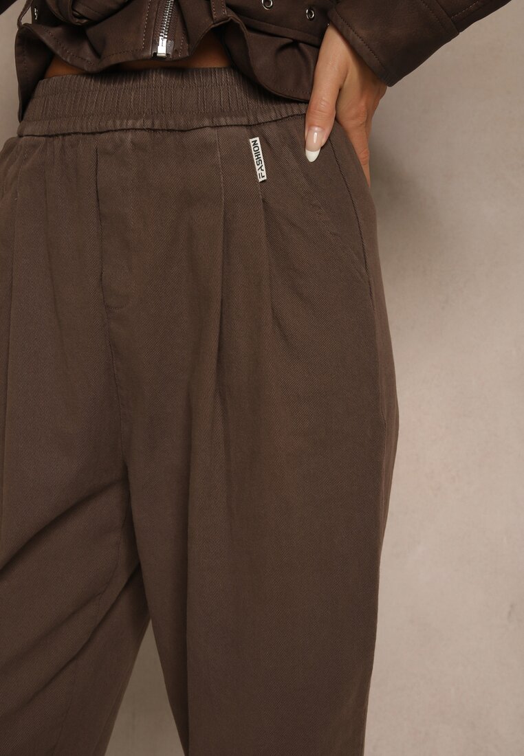 Brązowe Spodnie High Waist z Bawełny o Szerokim Kroju Nalitia