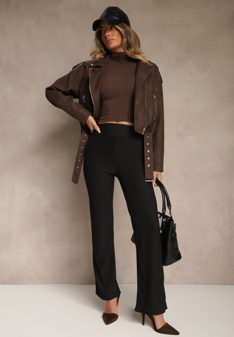 Czarne Prążkowane Spodnie High Waist z Szerokimi Nogawkami Resoda