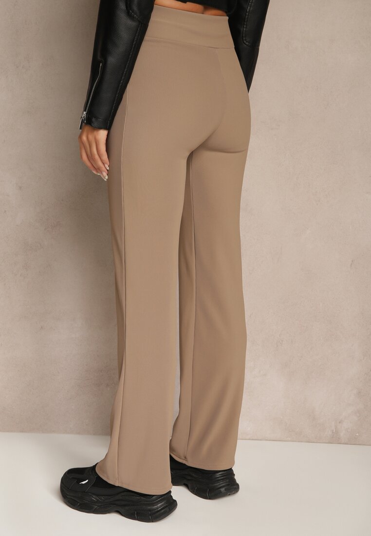 Ciemnobeżowe Prążkowane Spodnie High Waist z Szerokimi Nogawkami Resoda