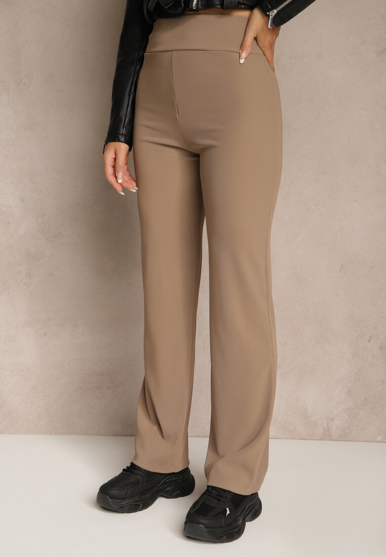 Ciemnobeżowe Prążkowane Spodnie High Waist z Szerokimi Nogawkami Resoda