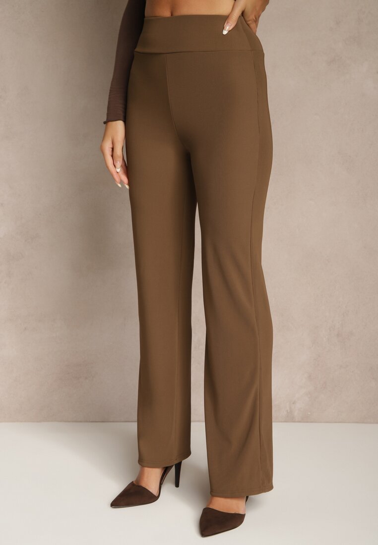 Brązowe Prążkowane Spodnie High Waist z Szerokimi Nogawkami Resoda