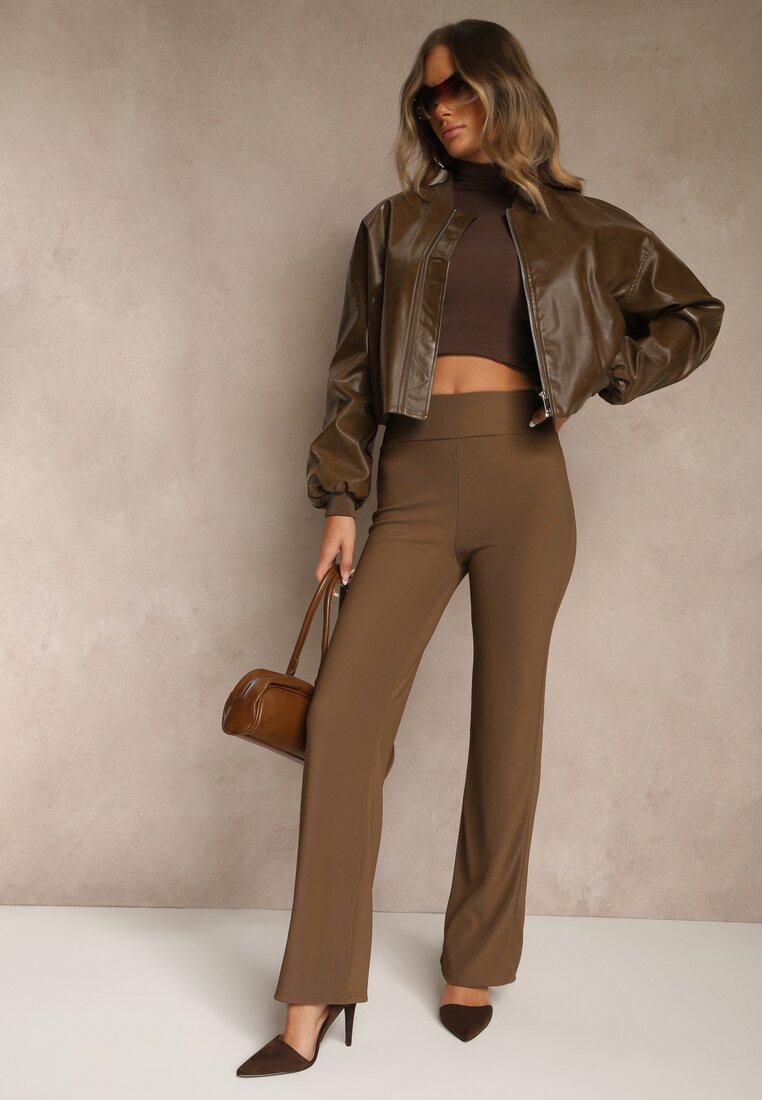 Brązowe Prążkowane Spodnie High Waist z Szerokimi Nogawkami Resoda
