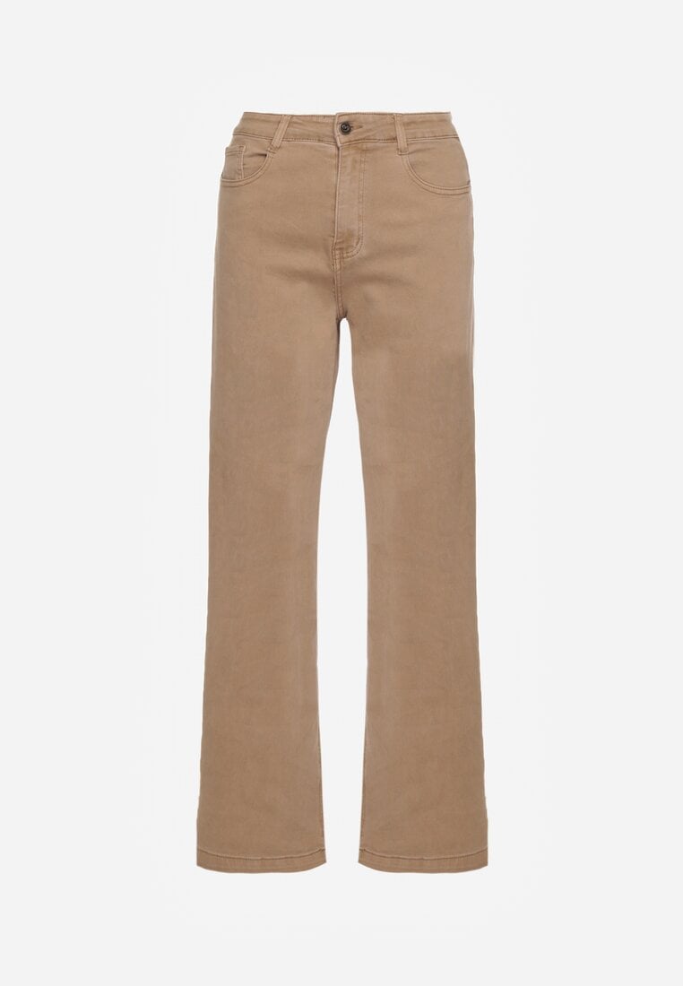Beżowe Bawełniane Jeansy Regular Waist z Szerokimi Nogawkami Nindria
