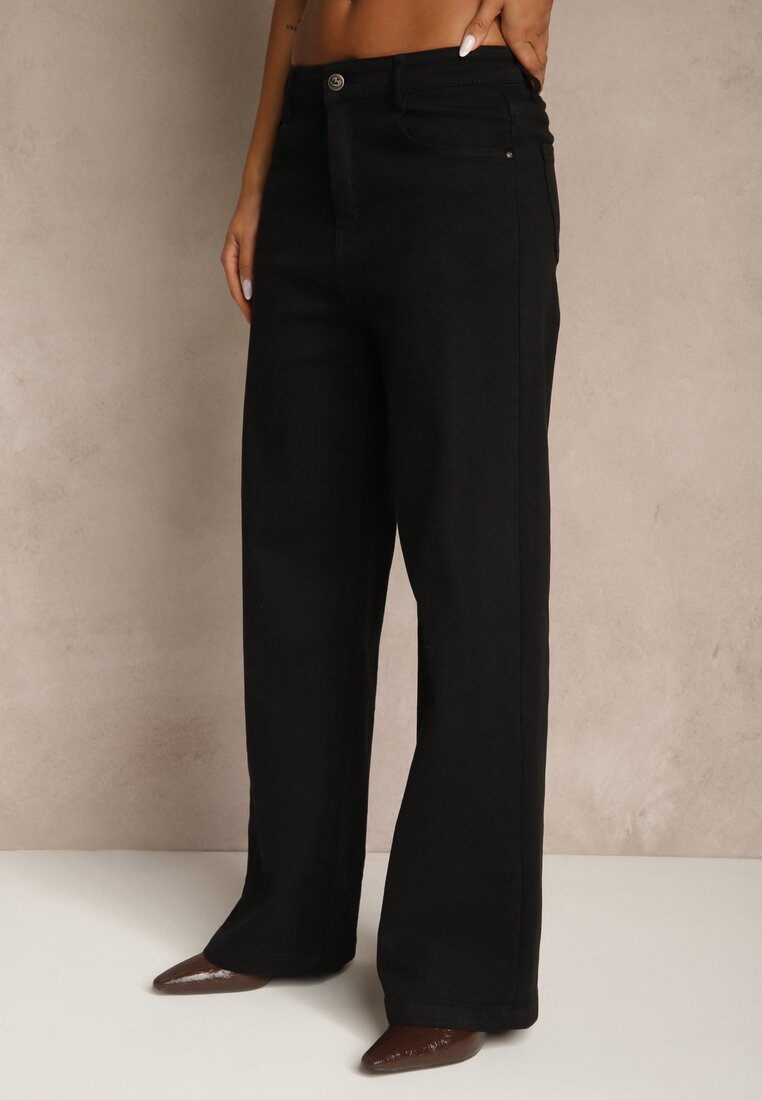 Czarne Bawełniane Jeansy High Waist z Szerokimi Nogawkami Leetie